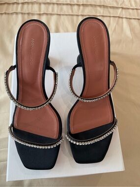 Amina Muaddi Black Crystal Double-Strap Slide Heels